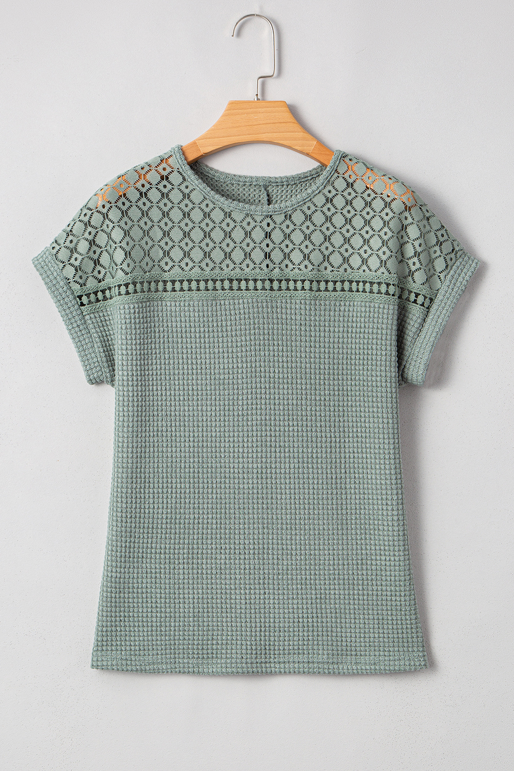 Women's Mist Green Waffle Top, Lace Patchwork Short Sleeve - Detail View 7 Women's Mist Green Waffle Top, Lace Patchwork Short Sleeve - Detail View 7