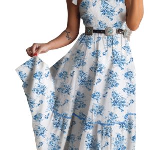 Elegant Sky Blue Floral Print Shirred Knot Shoulder Sleeveless Long Dress - Main View