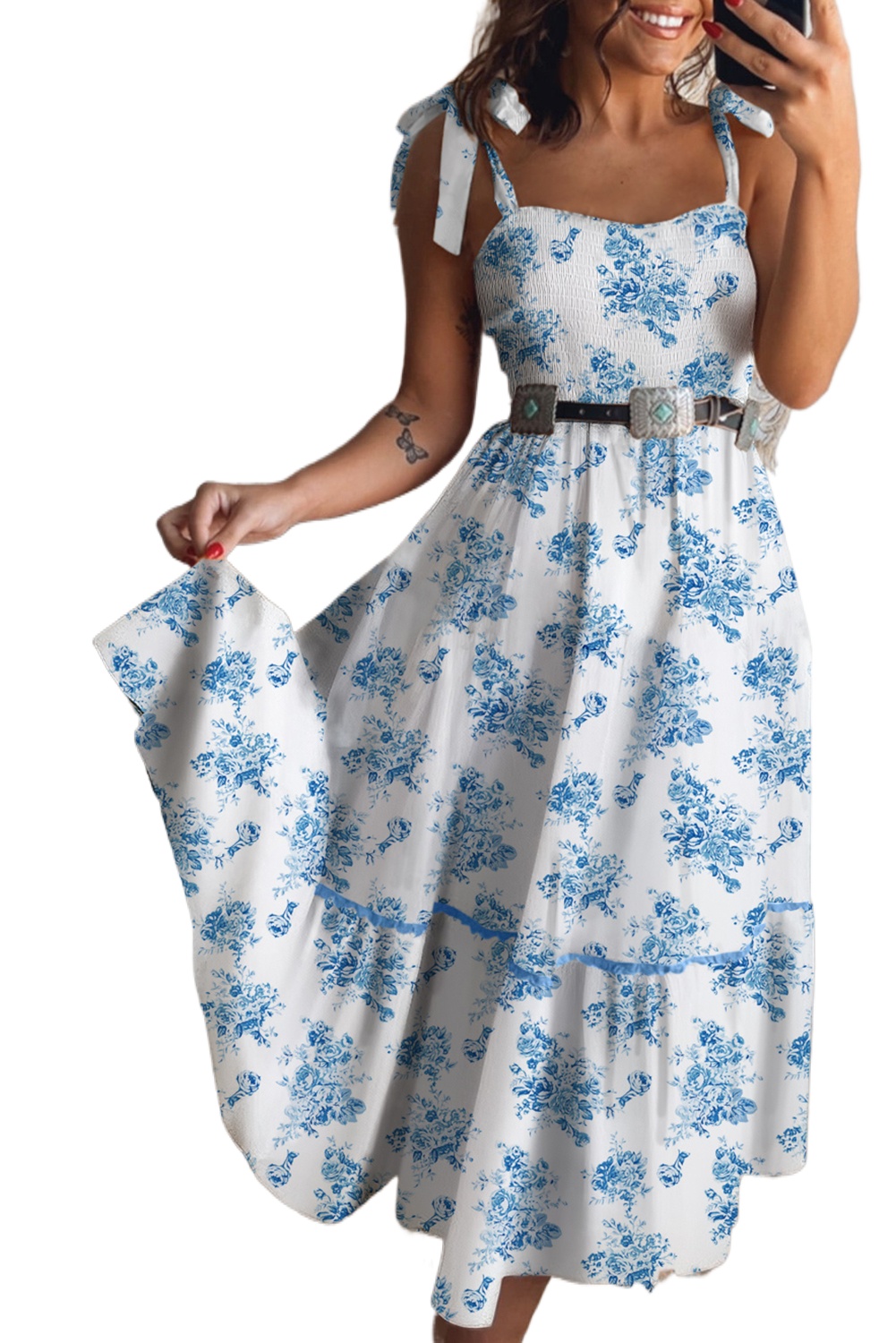 Elegant Sky Blue Floral Print Shirred Knot Shoulder Sleeveless Long Dress - Main View Elegant Sky Blue Floral Print Shirred Knot Shoulder Sleeveless Long Dress - Main View