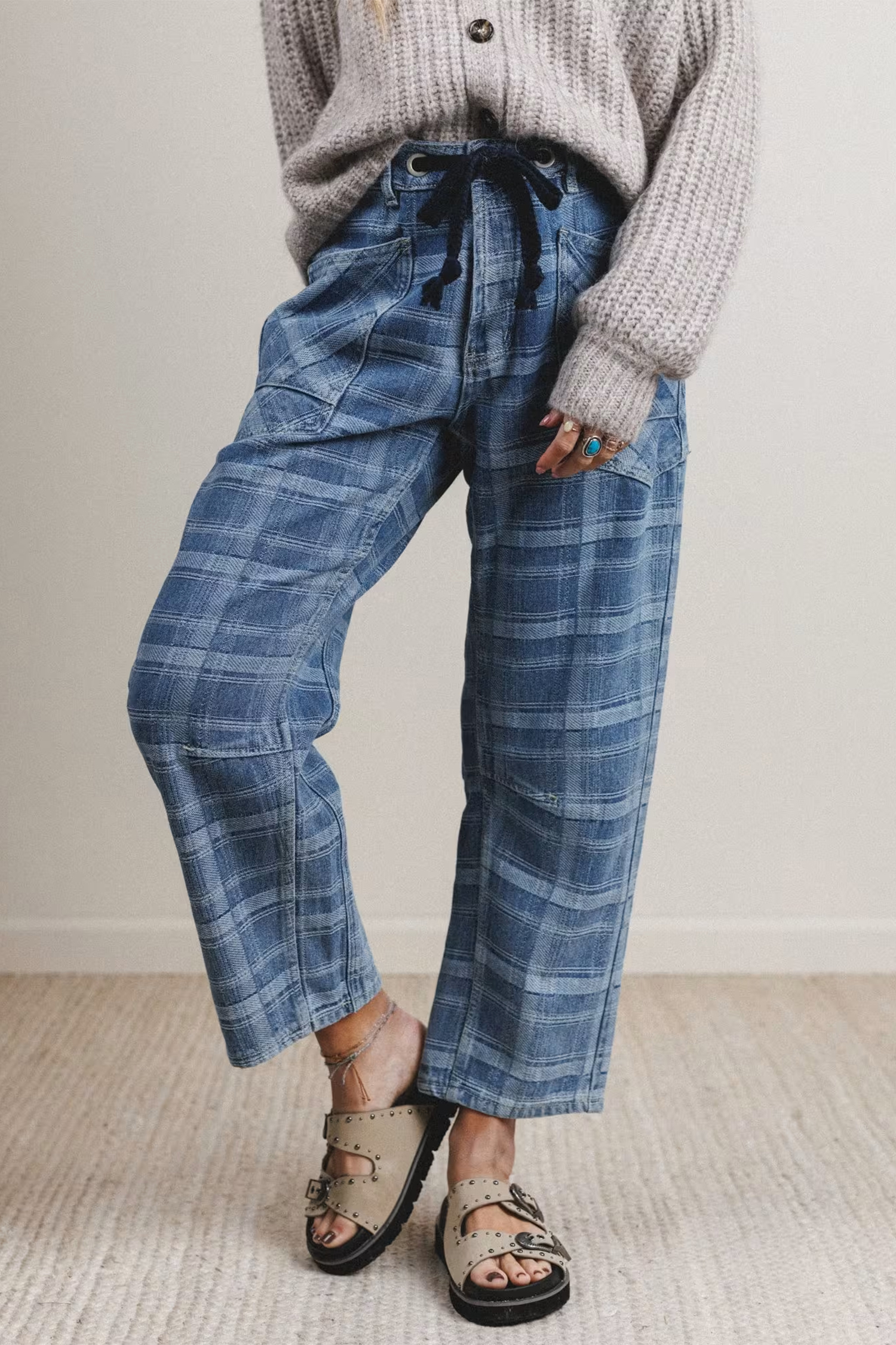 Women's Plaid Drawstring Jeans, Casual Sky Blue Denim - Detail View 7 Women's Plaid Drawstring Jeans, Casual Sky Blue Denim - Detail View 7