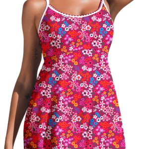 Women's Rose Floral Print Swim Dress – Sleeveless Spaghetti Strap with Ricrac Trim for Beach Days - Main View