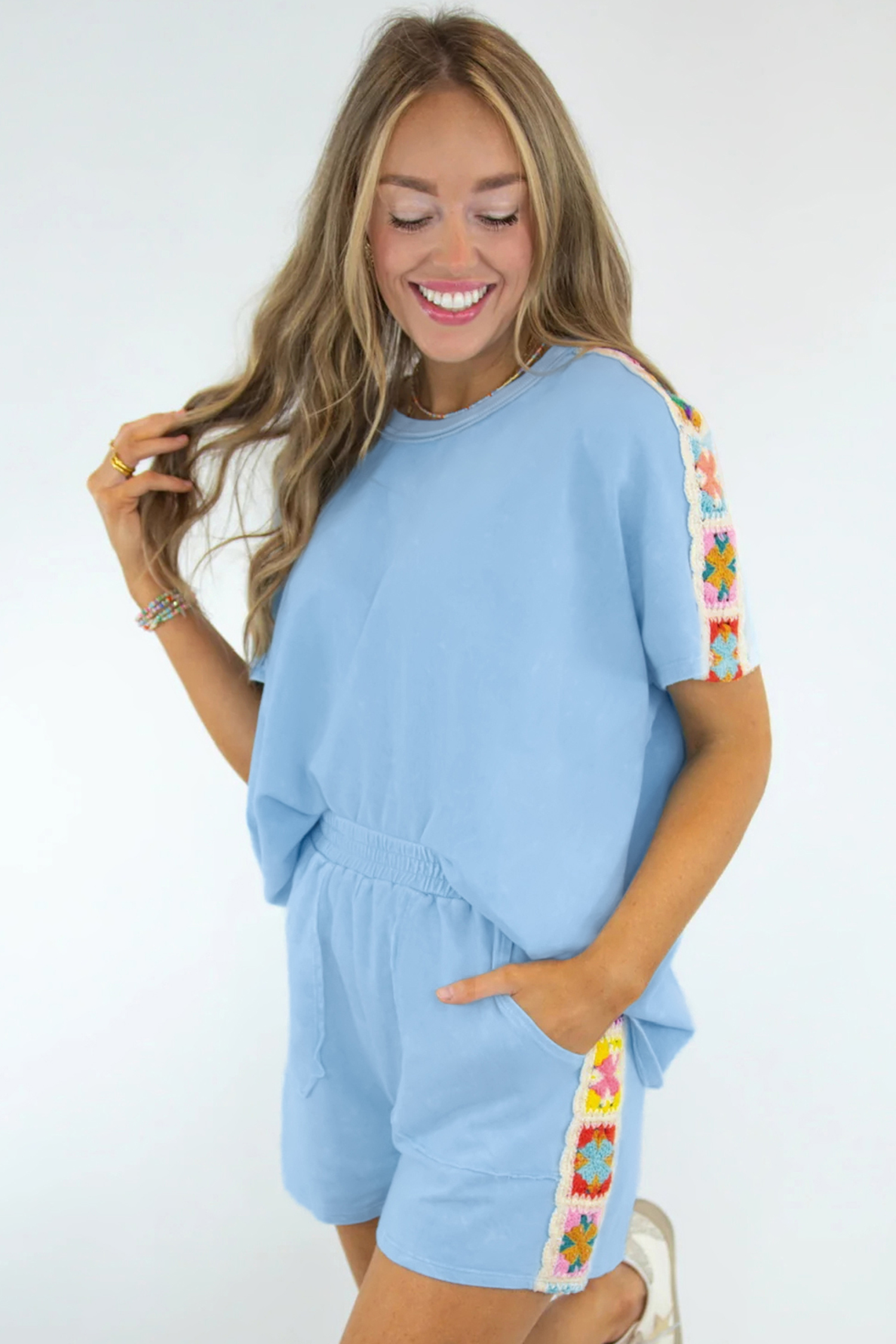 Chic Women's Cotton Blend Crochet Detail Set – Mist Blue Short Sleeve Shift Outfit for Gifting - Detail View 3 Chic Women's Cotton Blend Crochet Detail Set – Mist Blue Short Sleeve Shift Outfit for Gifting - Detail View 3