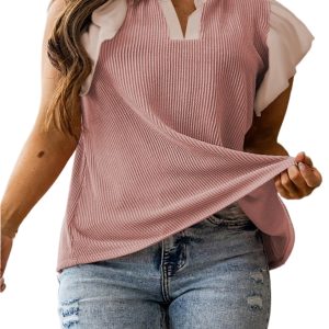 Fushia Plus Size Ruffled V-Neck Blouse for Women – Casual Short Sleeve Summer Top - Main View