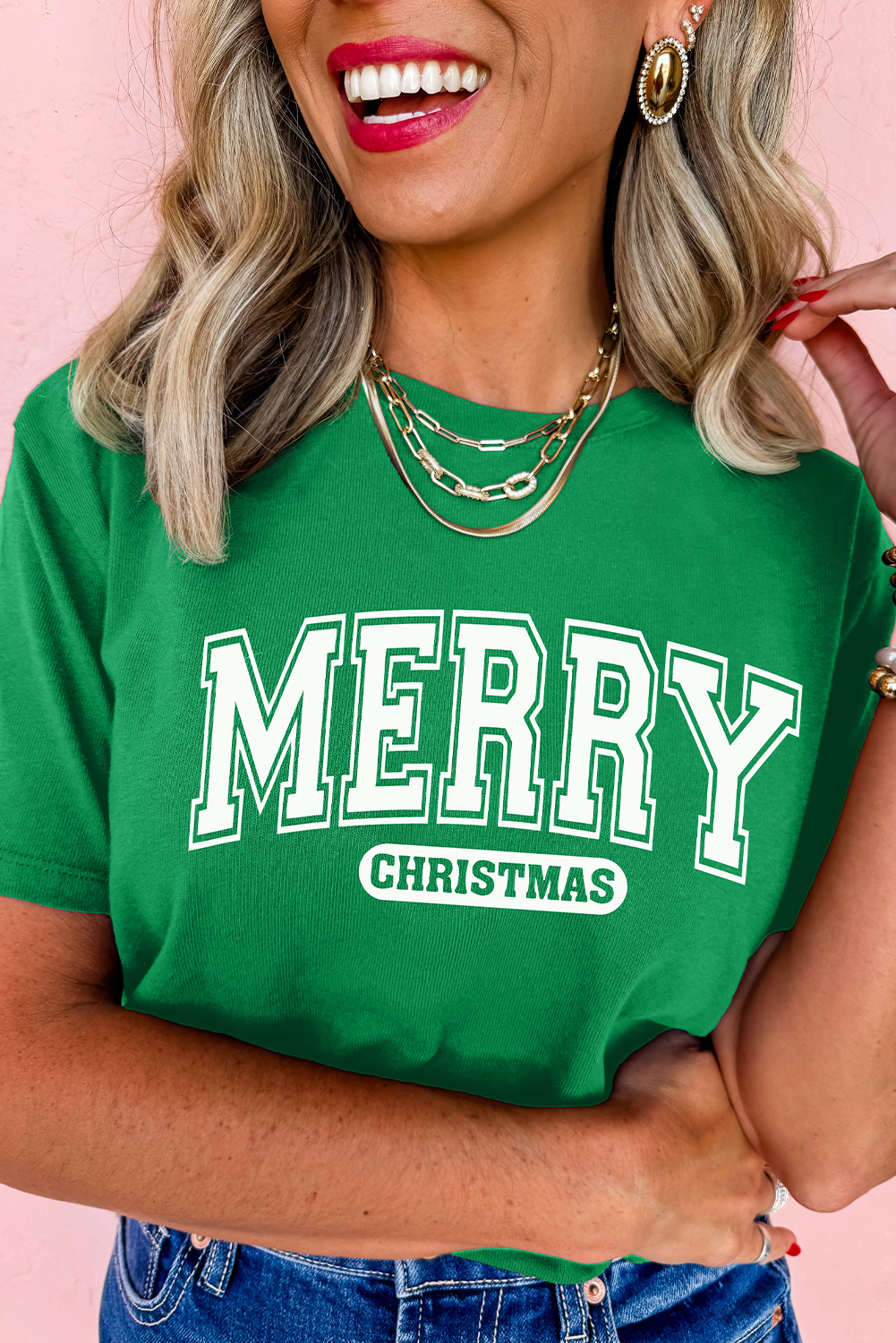 Bright Green MERRY CHRISTMAS Letter Graphic Loose T-Shirt for Women - Detail View 5 Bright Green MERRY CHRISTMAS Letter Graphic Loose T-Shirt for Women - Detail View 5