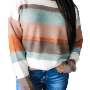 Women's White Striped Color Block Sweater - Casual Daily Wear - Main View