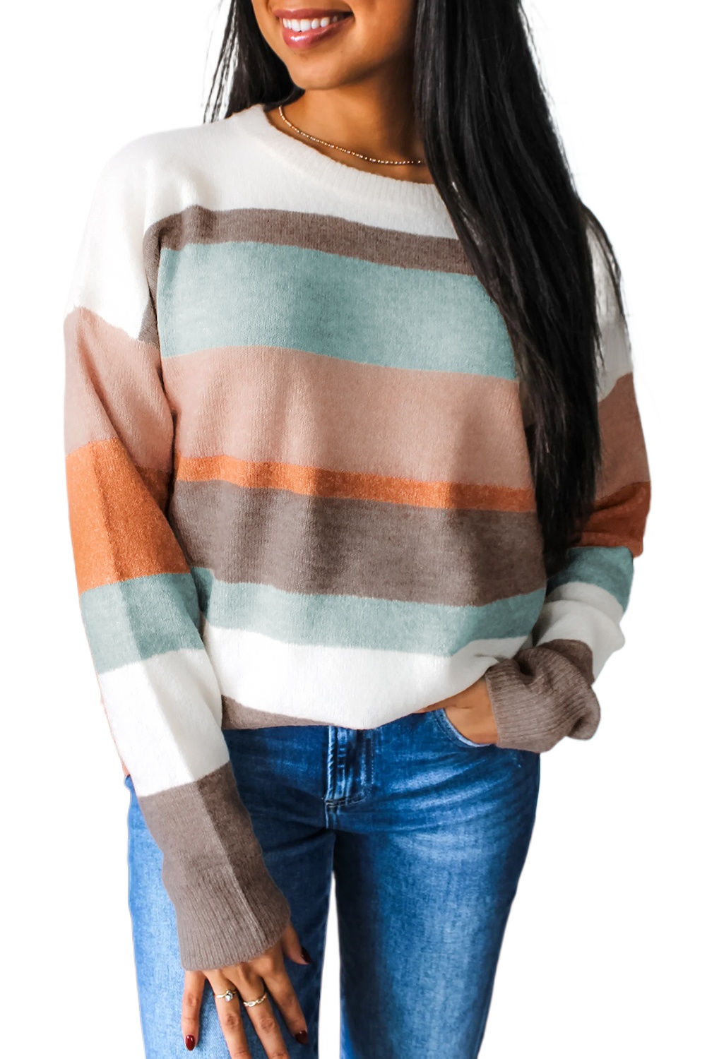 Women's White Striped Color Block Sweater - Casual Daily Wear - Main View Women's White Striped Color Block Sweater - Casual Daily Wear - Main View