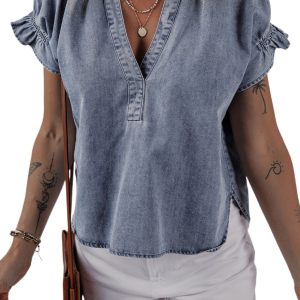 Women's Dusk Blue V Neck Ruffled Short Puff Sleeve Denim Top - Stylish Casual Wear - Main View