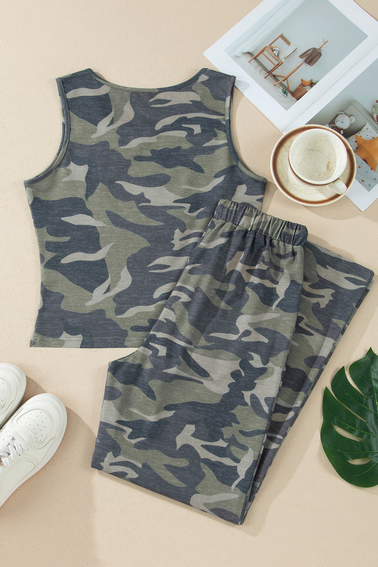 Women's Camouflage Print Two Piece Set – Sleeveless Tank and High Waist Drawstring Pants - Detail View 16 Women's Camouflage Print Two Piece Set – Sleeveless Tank and High Waist Drawstring Pants - Detail View 16