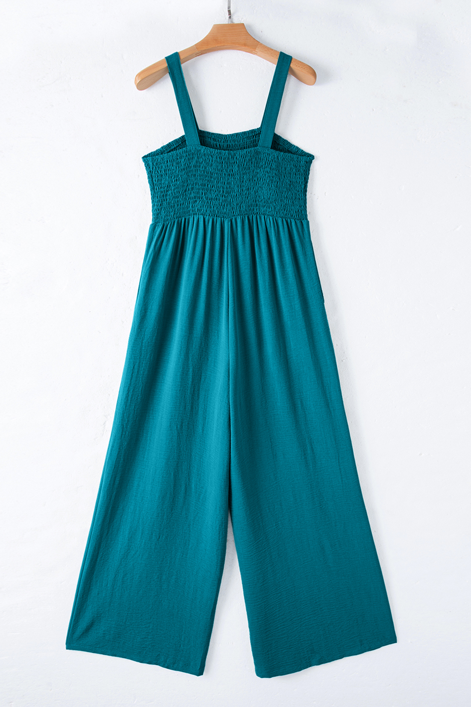 Women's Peacock Blue Smocked Jumpsuit – Square Neck Sleeveless One-Piece with Pockets, Casual Summer Outfit - Detail View 7 Women's Peacock Blue Smocked Jumpsuit – Square Neck Sleeveless One-Piece with Pockets, Casual Summer Outfit - Detail View 7