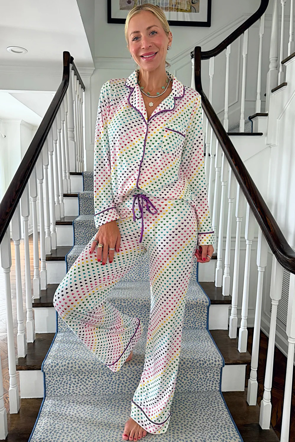 Women's All-Over Heart Long Pajama Set in White for Relaxed Evenings - Detail View 3 Women's All-Over Heart Long Pajama Set in White for Relaxed Evenings - Detail View 3