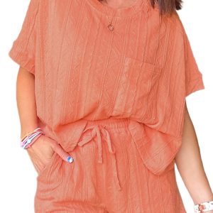 Stylish Pale Chestnut Textured Patched Pocket Short Sleeve Top & Drawstring Shorts Set for Women - Main View