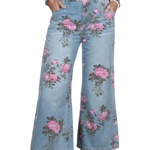 Sky Blue Floral Print Bootcut Jeans for Women – Casual All-Season Denim with Natural Waist - Main View