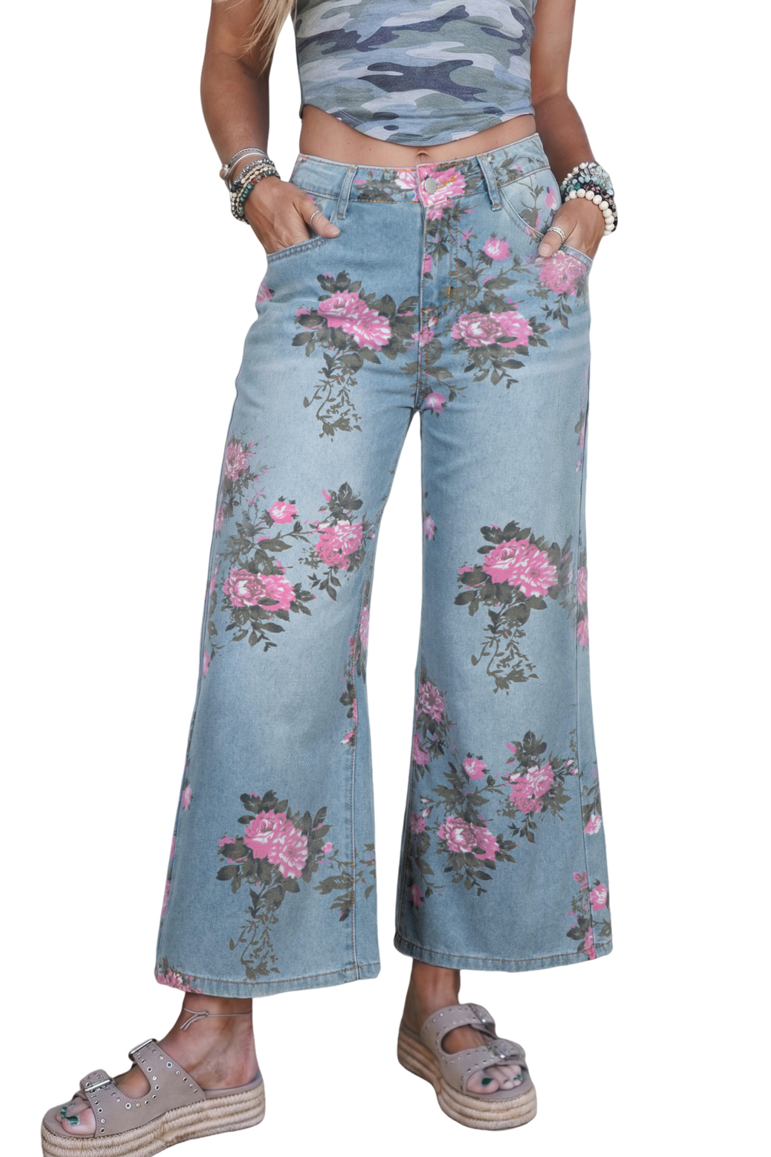 Sky Blue Floral Print Bootcut Jeans for Women – Casual All-Season Denim with Natural Waist - Main View Sky Blue Floral Print Bootcut Jeans for Women – Casual All-Season Denim with Natural Waist - Main View