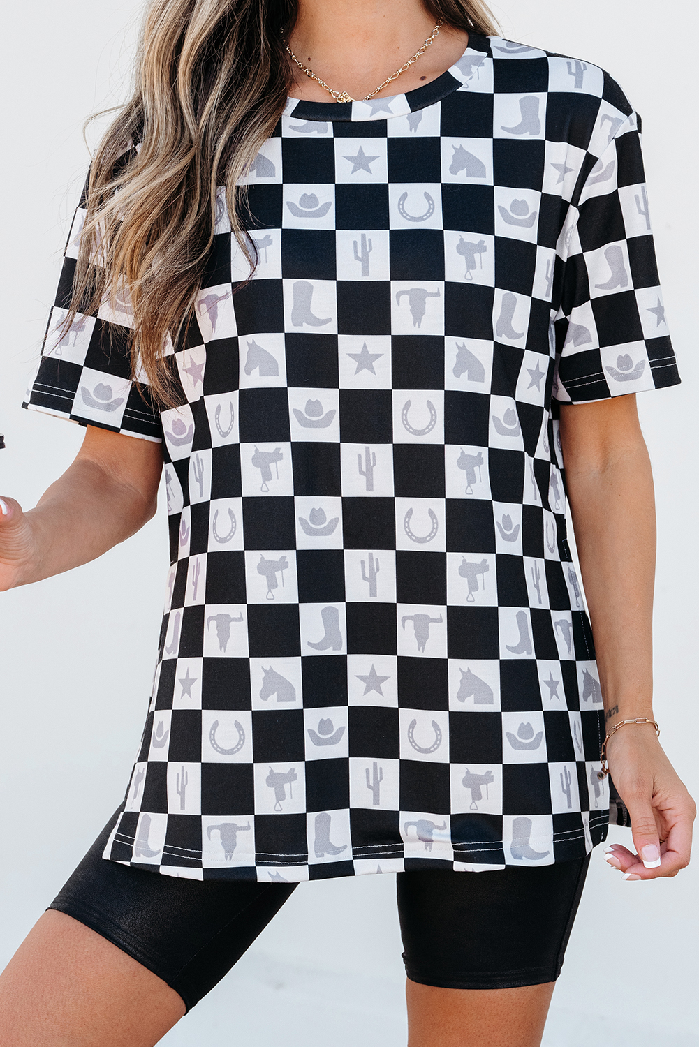 Trendy Women's Short Sleeve Tee - Black Plaid Design for Chic Summer Looks - Detail View 7 Trendy Women's Short Sleeve Tee - Black Plaid Design for Chic Summer Looks - Detail View 7