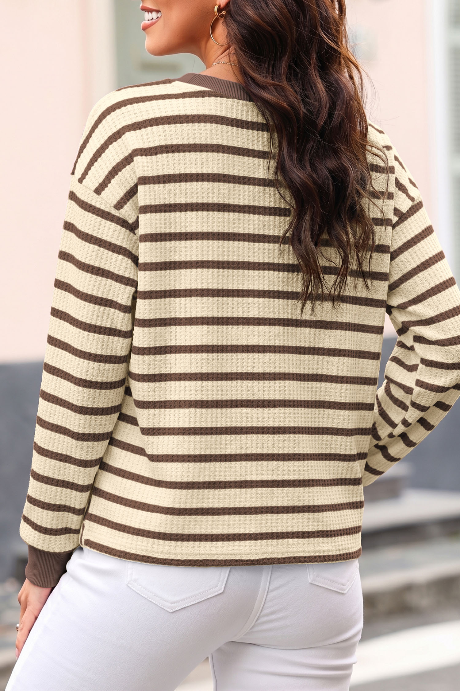 Brown Stripe Pullover, Women's Round Neck Waffle Knit Top - Detail View 2 Brown Stripe Pullover, Women's Round Neck Waffle Knit Top - Detail View 2
