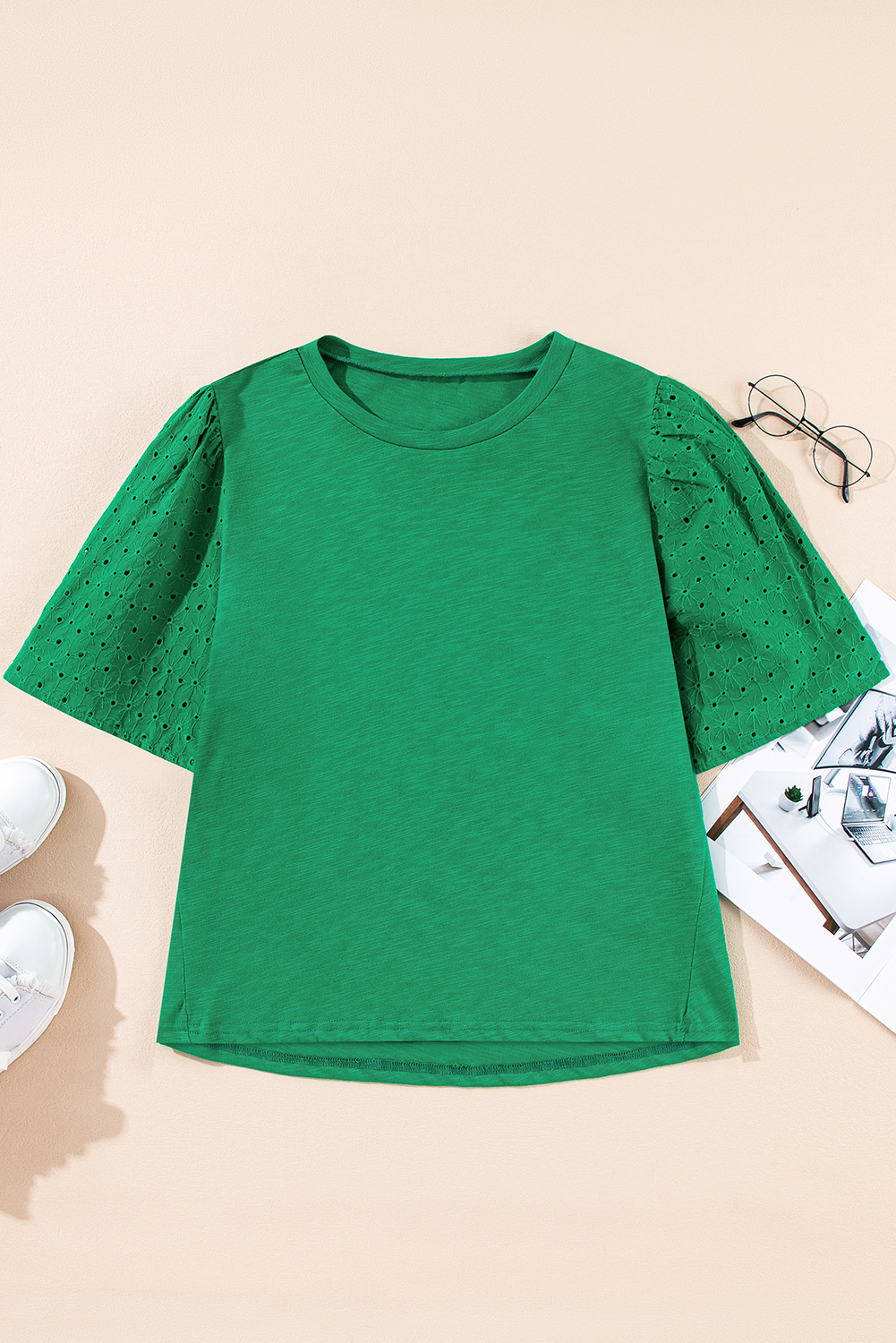 Women's Top, Bright Green, Eyelet Embroidery, Patchwork Design, Shift Silhouette, Casual Wear, Dressy Occasions, Comfortable Fit, Summer Fashion, Round Neck, Stylish, Daily Wear, Tops & Tees - Detail View 4 Women's Top, Bright Green, Eyelet Embroidery, Patchwork Design, Shift Silhouette, Casual Wear, Dressy Occasions, Comfortable Fit, Summer Fashion, Round Neck, Stylish, Daily Wear, Tops & Tees - Detail View 4