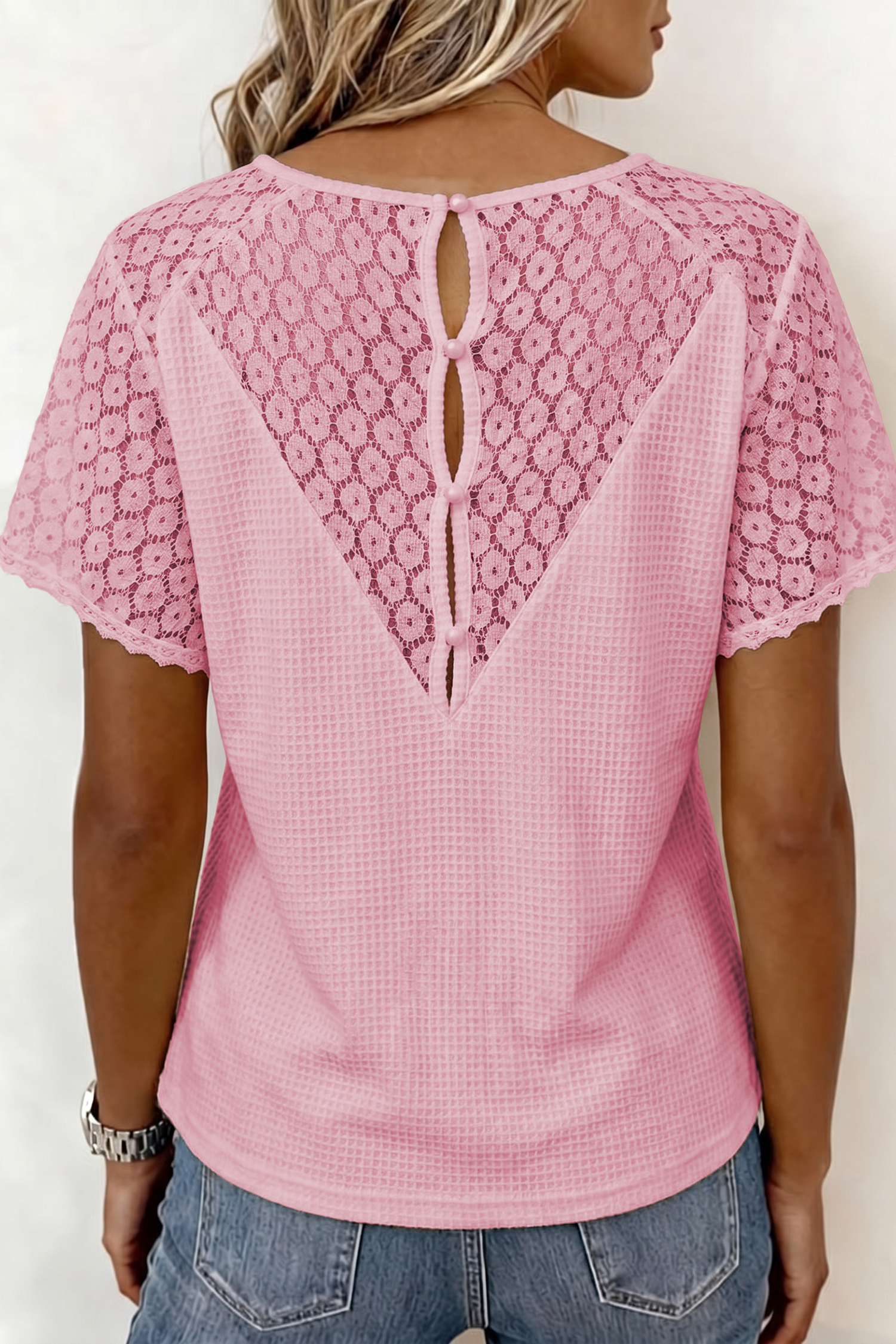 Women's Pink Waffle Knit Blouse – Lace Trim V-Neck Top - Detail View 13 Women's Pink Waffle Knit Blouse – Lace Trim V-Neck Top - Detail View 13