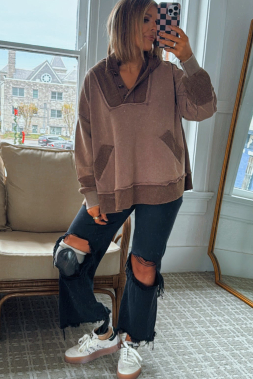 Plus Size Goat Waffle Contrast Patchwork Pocketed Hoodie for Women - Detail View 5 Plus Size Goat Waffle Contrast Patchwork Pocketed Hoodie for Women - Detail View 5
