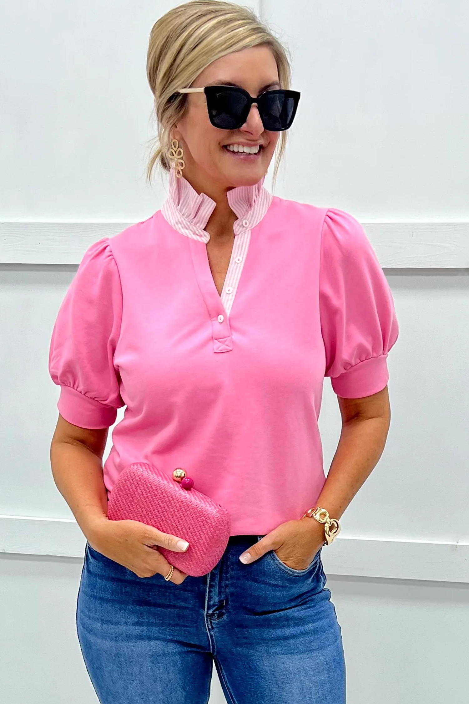 Women's Sachet Pink Striped Blouse – Southern Belle Stand Neck Top with Button Details - Detail View 13 Women's Sachet Pink Striped Blouse – Southern Belle Stand Neck Top with Button Details - Detail View 13