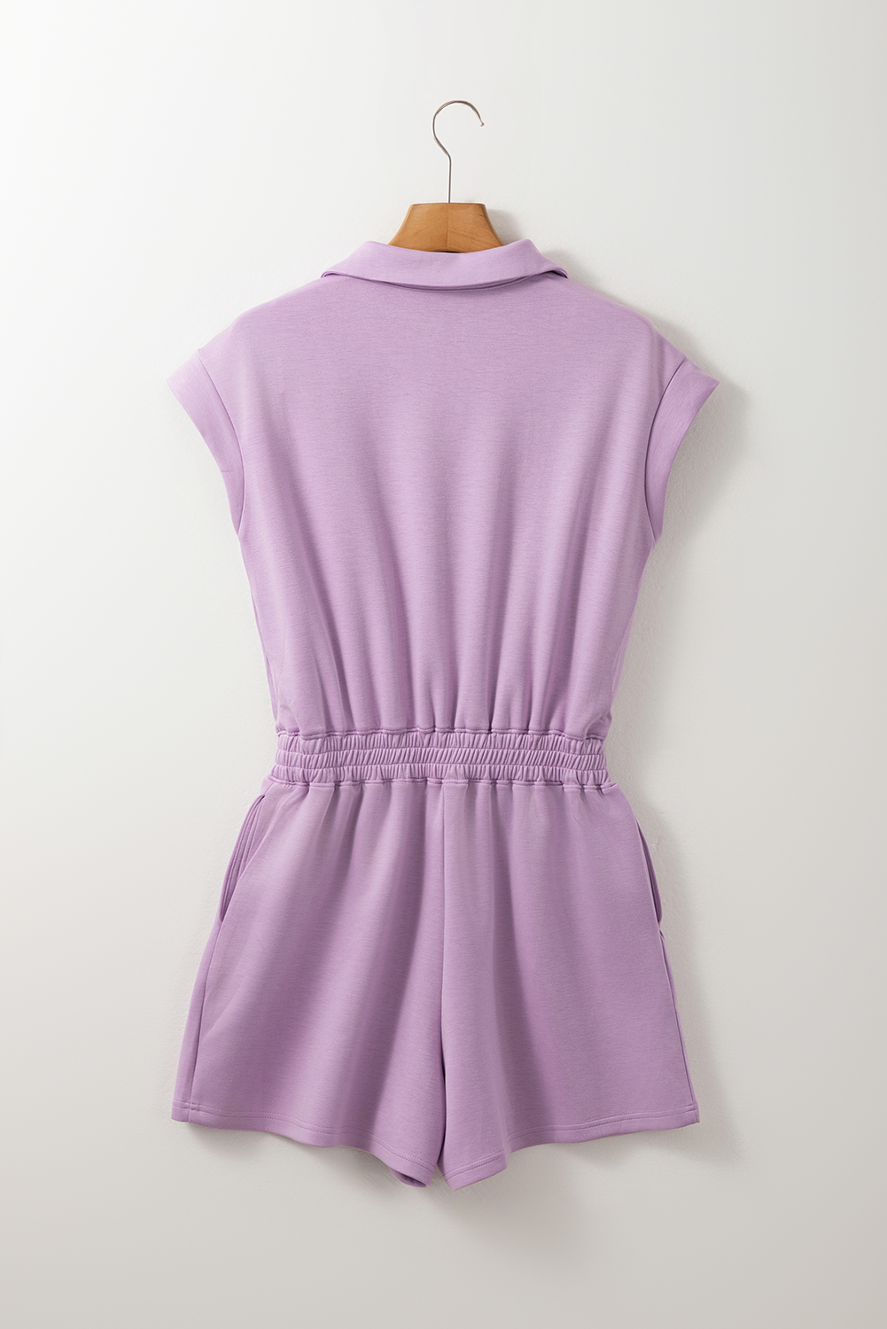 Casual Summer Romper with Zipper Collar and Short Sleeves - Flattering Fit - Detail View 6 Casual Summer Romper with Zipper Collar and Short Sleeves - Flattering Fit - Detail View 6