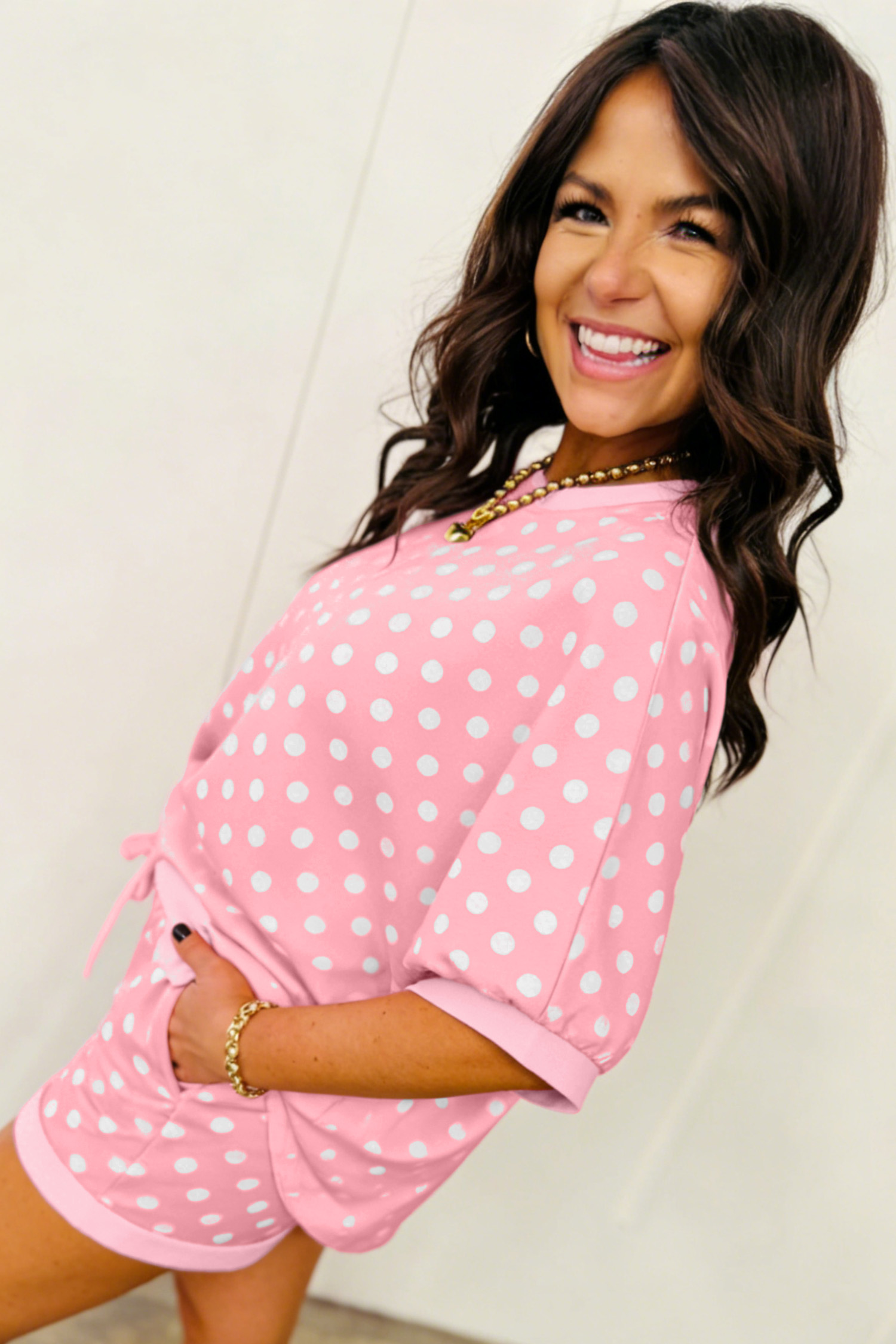 Women's Pink Polka Dot Shorts Set – Cozy Summer Gift Outfit - Detail View 6 Women's Pink Polka Dot Shorts Set – Cozy Summer Gift Outfit - Detail View 6