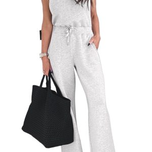 Women's Light Grey Sleeveless Jumpsuit - Casual Crew Neck with Drawstring High Waist - Main View
