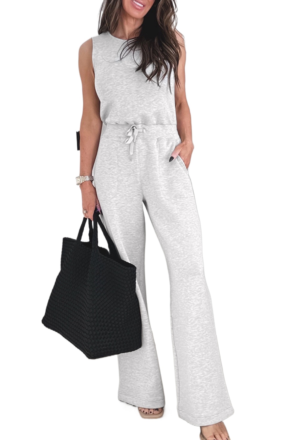 Women's Light Grey Sleeveless Jumpsuit - Casual Crew Neck with Drawstring High Waist - Main View Women's Light Grey Sleeveless Jumpsuit - Casual Crew Neck with Drawstring High Waist - Main View