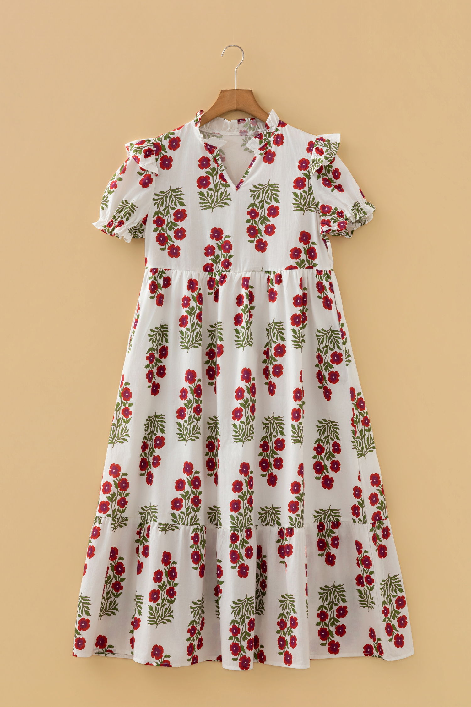 Women's White Floral Print V Neck Mini Dress – Casual 3/4 Sleeve Dress for Spring Outings - Detail View 10 Women's White Floral Print V Neck Mini Dress – Casual 3/4 Sleeve Dress for Spring Outings - Detail View 10