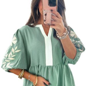 Women's Smoke Green Color Block Babydoll Blouse – Embroidered Puff Sleeve Summer Top - Main View