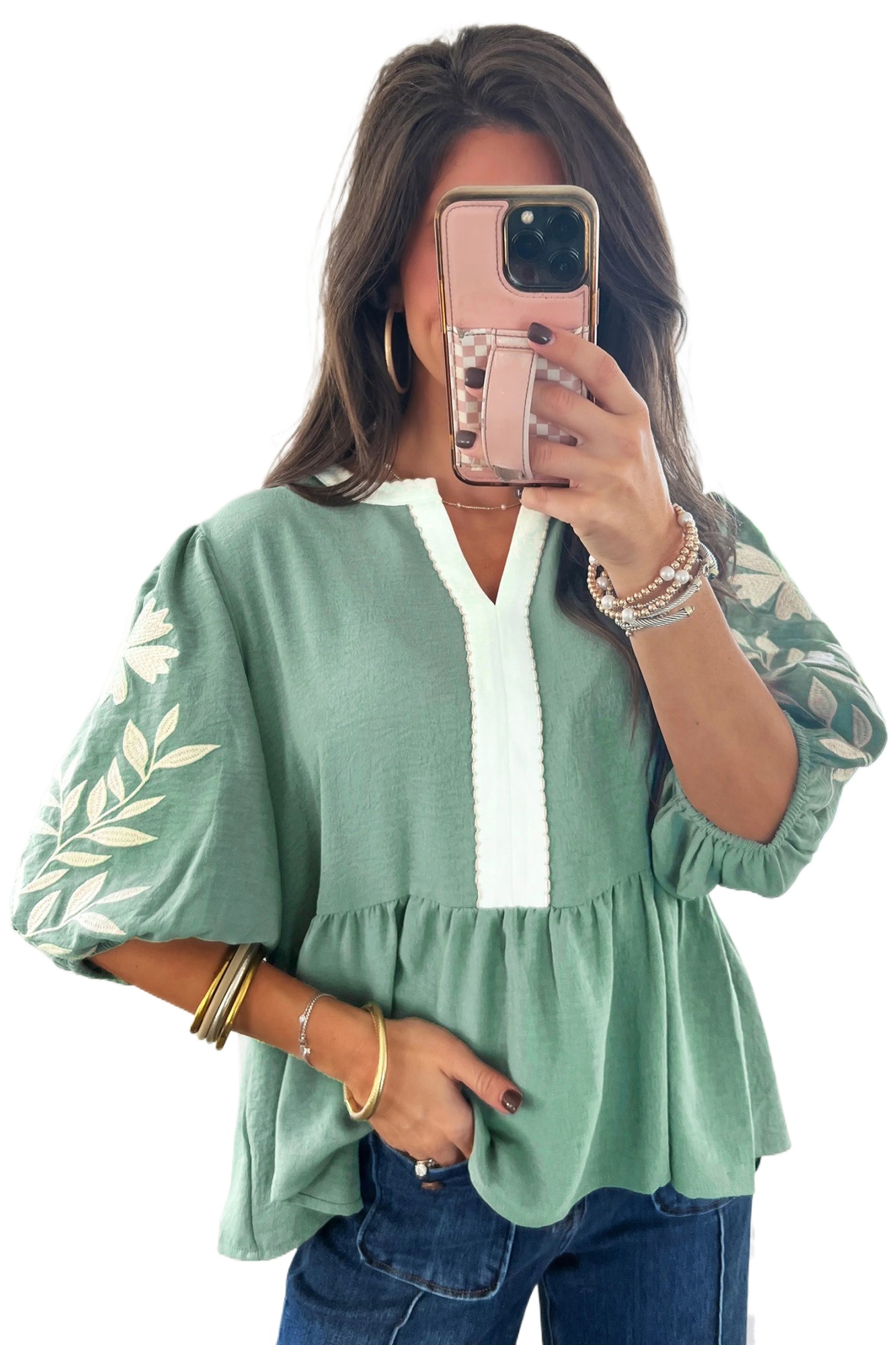 Women's Smoke Green Color Block Babydoll Blouse – Embroidered Puff Sleeve Summer Top - Main View Women's Smoke Green Color Block Babydoll Blouse – Embroidered Puff Sleeve Summer Top - Main View