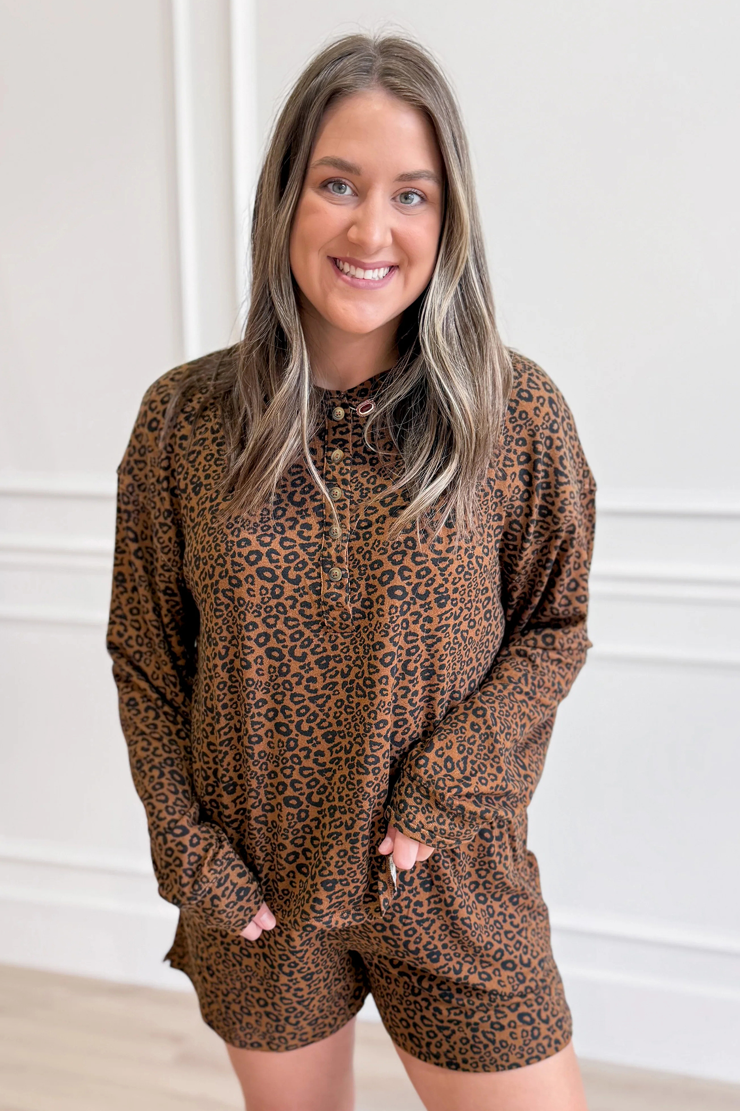 Leopard Print Henley Lounge Set, Comfortable Two Piece Outfit - Detail View 5 Leopard Print Henley Lounge Set, Comfortable Two Piece Outfit - Detail View 5