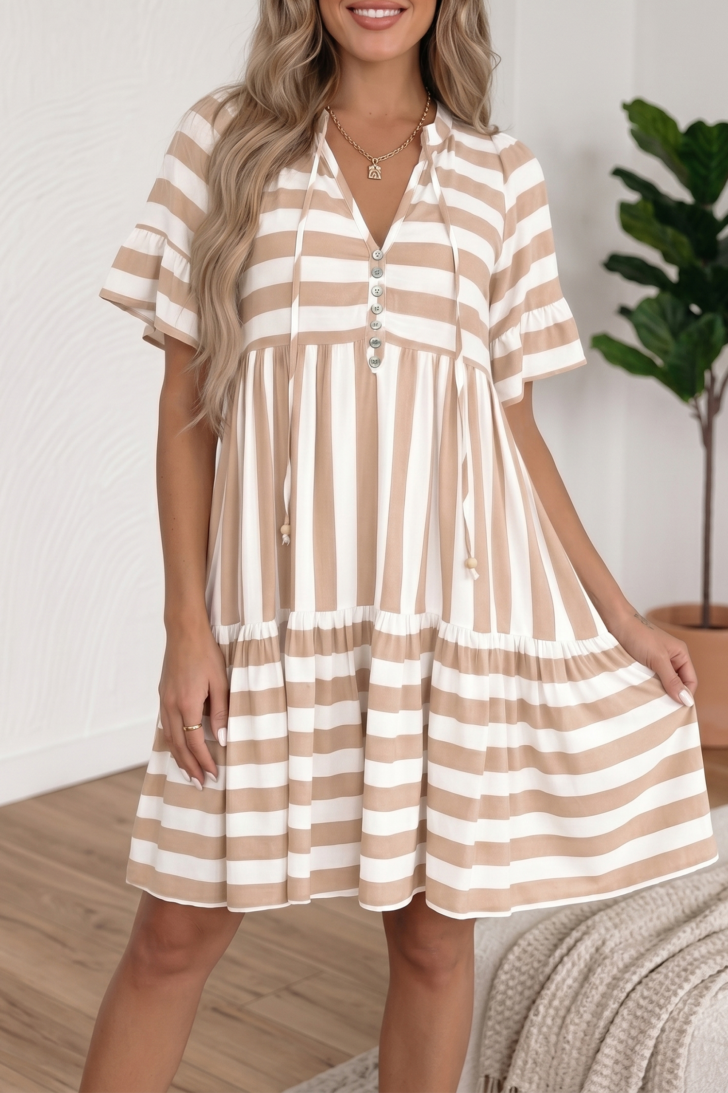 Women's Striped Short Sleeve Summer Dress – V-Neck Tie Front Flared Casual Beach Dress - Detail View 8 Women's Striped Short Sleeve Summer Dress – V-Neck Tie Front Flared Casual Beach Dress - Detail View 8