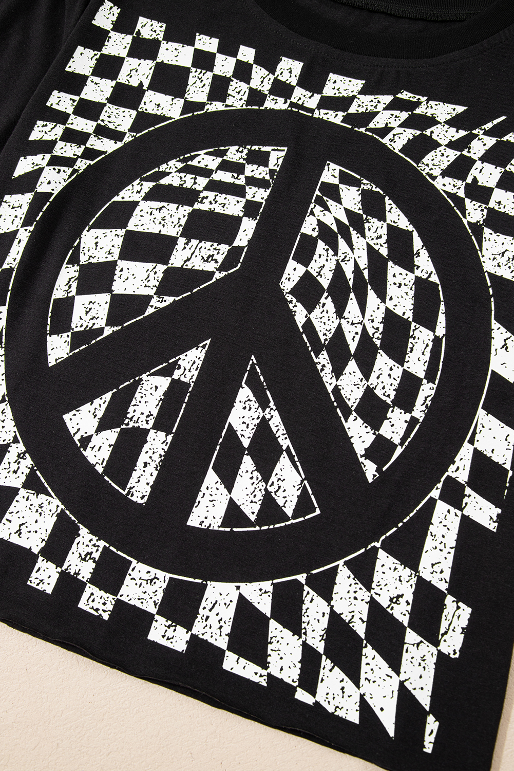 Women's Black Checkerboard Peace Sign Printed Round Neck T-Shirt - Detail View 17 Women's Black Checkerboard Peace Sign Printed Round Neck T-Shirt - Detail View 17