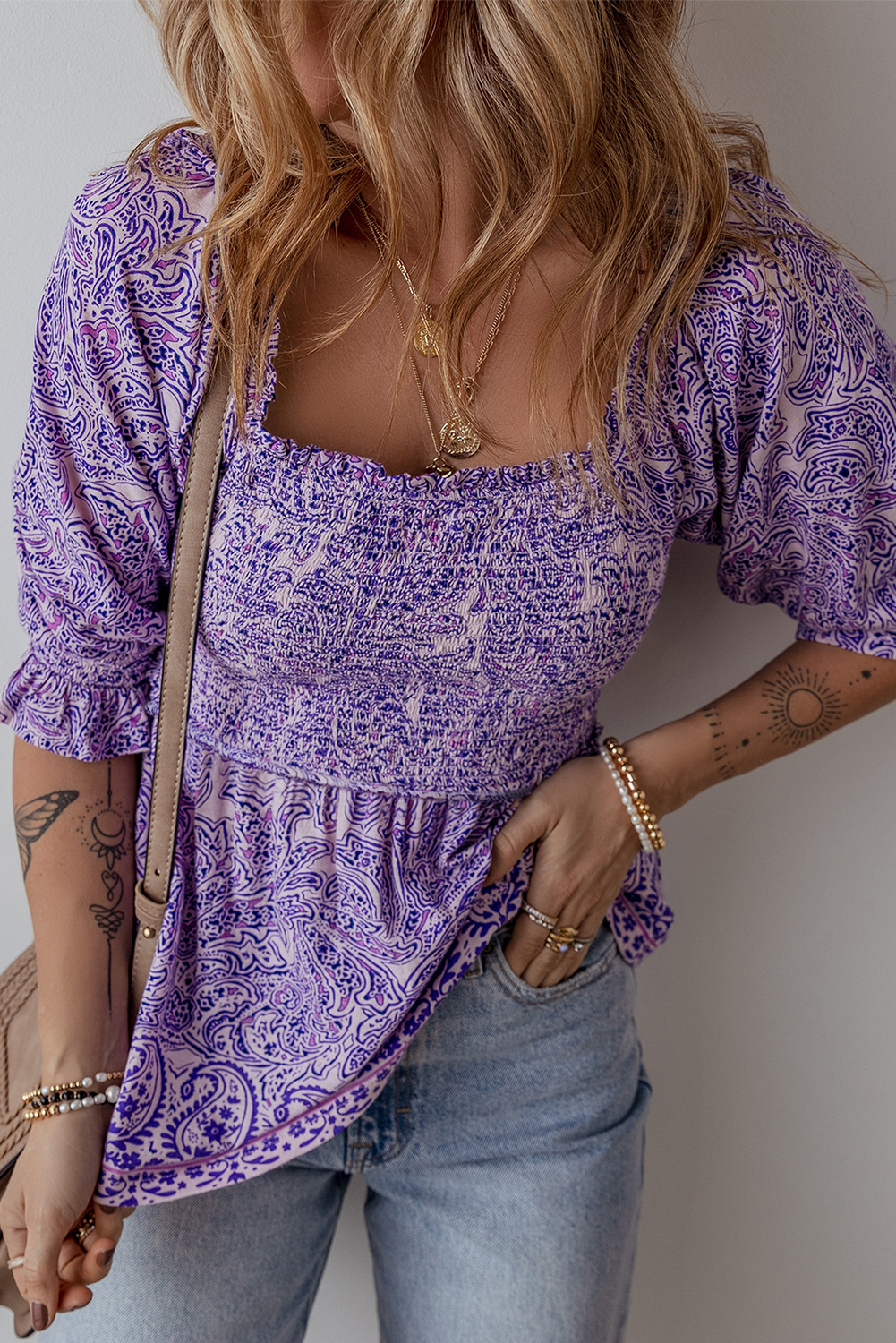 Stylish Purple Paisley Print Blouse with Puff Sleeves and Ruffled Details - Detail View 6 Stylish Purple Paisley Print Blouse with Puff Sleeves and Ruffled Details - Detail View 6