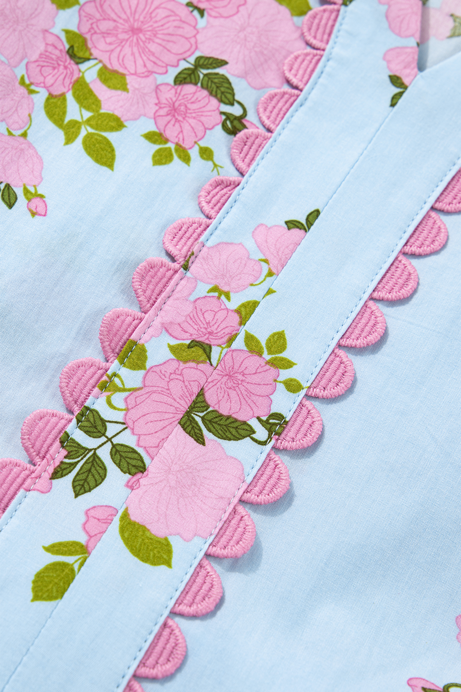 Floral Print V-Neck Summer Dress for Women – Sky Blue Short Sleeve Vacation Maxi with Rick Rack Trim - Detail View 11 Floral Print V-Neck Summer Dress for Women – Sky Blue Short Sleeve Vacation Maxi with Rick Rack Trim - Detail View 11
