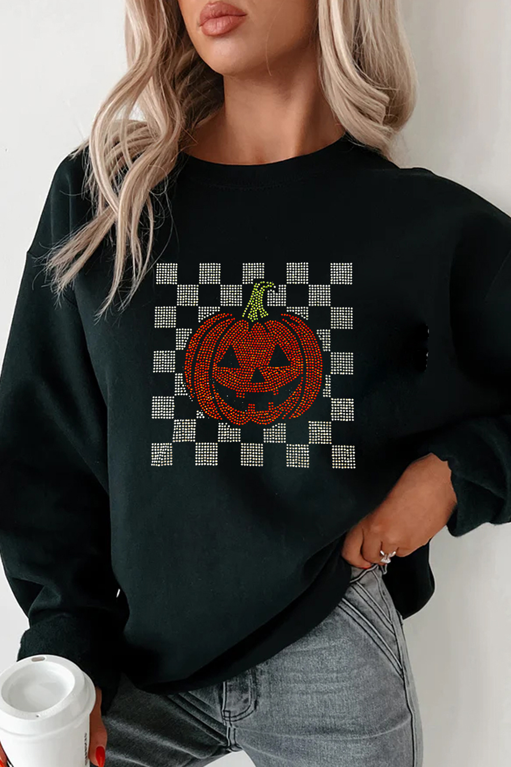 Women's Black Rhinestone Jack-o-Lantern Checkered Graphic Halloween Sweatshirt - Detail View 5 Women's Black Rhinestone Jack-o-Lantern Checkered Graphic Halloween Sweatshirt - Detail View 5