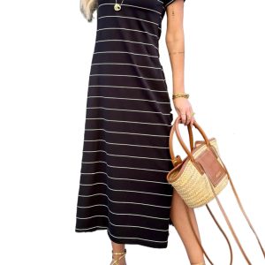 Women's Striped Maxi T-Shirt Dress – Casual Short Sleeve Shift Dress with Side Slit for Summer - Main View