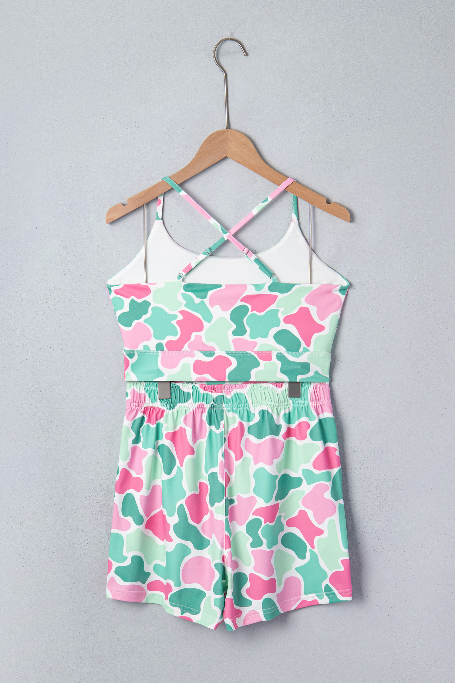 Summer Women's Camo Print 2 Piece Outfit – Sleeveless Cropped Tank & High Waist Athletic Shorts - Detail View 5 Summer Women's Camo Print 2 Piece Outfit – Sleeveless Cropped Tank & High Waist Athletic Shorts - Detail View 5