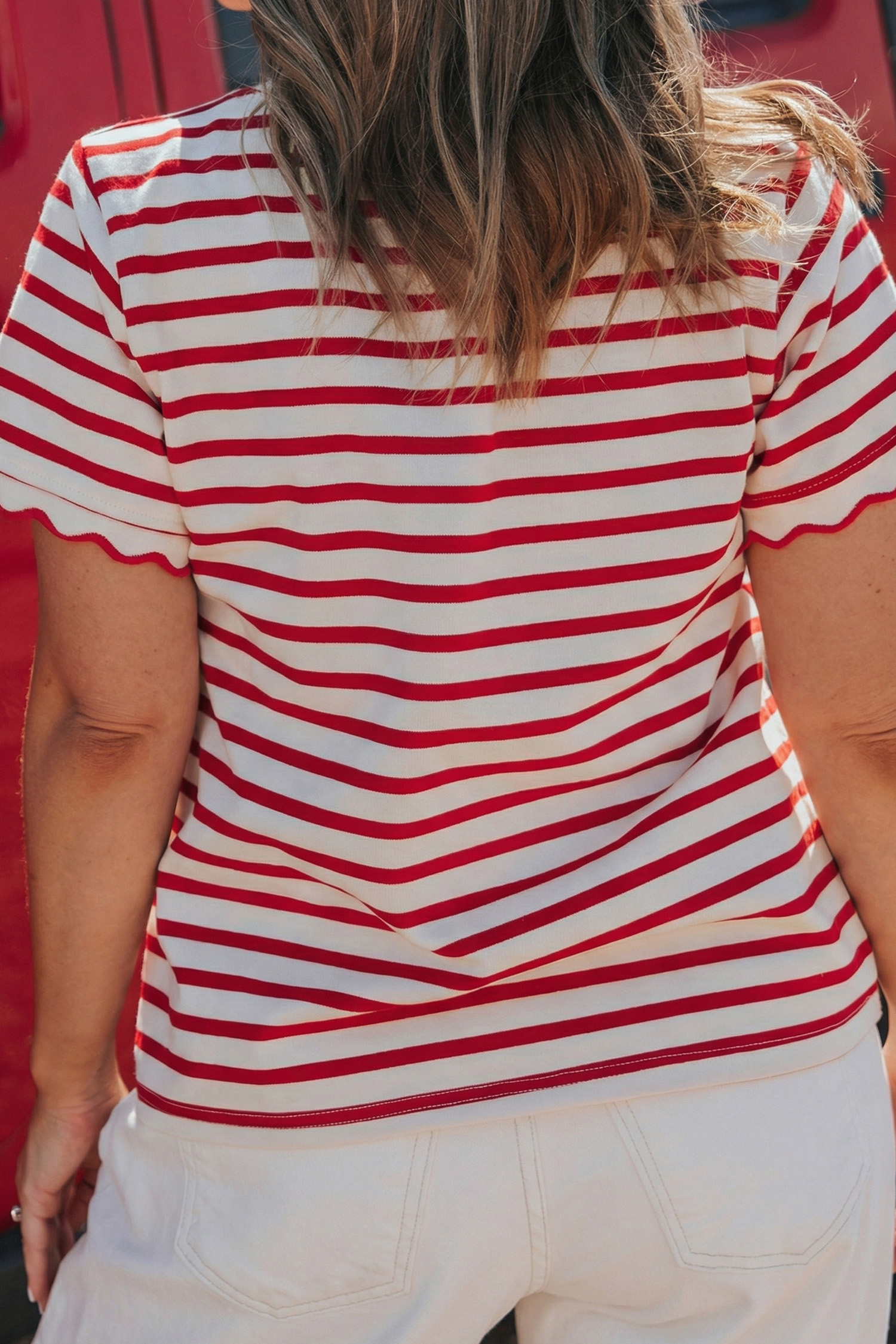 Summer-Ready Women's Red Stripe Top – Scalloped Trim Short Sleeve for Effortless Everyday Style - Detail View 3 Summer-Ready Women's Red Stripe Top – Scalloped Trim Short Sleeve for Effortless Everyday Style - Detail View 3