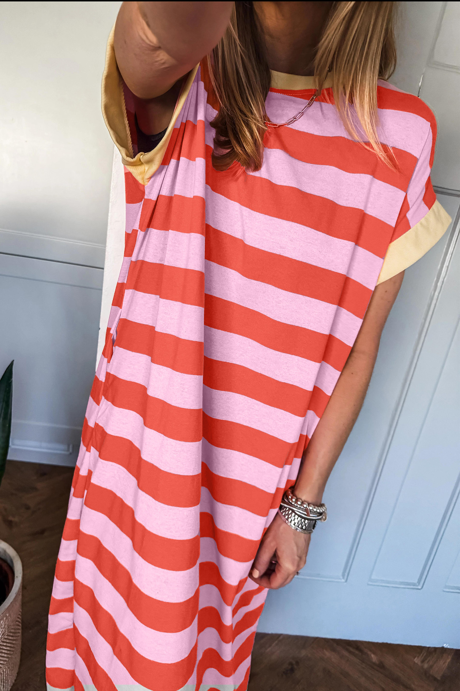 Orange Striped Long T Shirt Dress, Relaxed Cotton Blend Maxi - Detail View 2 Orange Striped Long T Shirt Dress, Relaxed Cotton Blend Maxi - Detail View 2