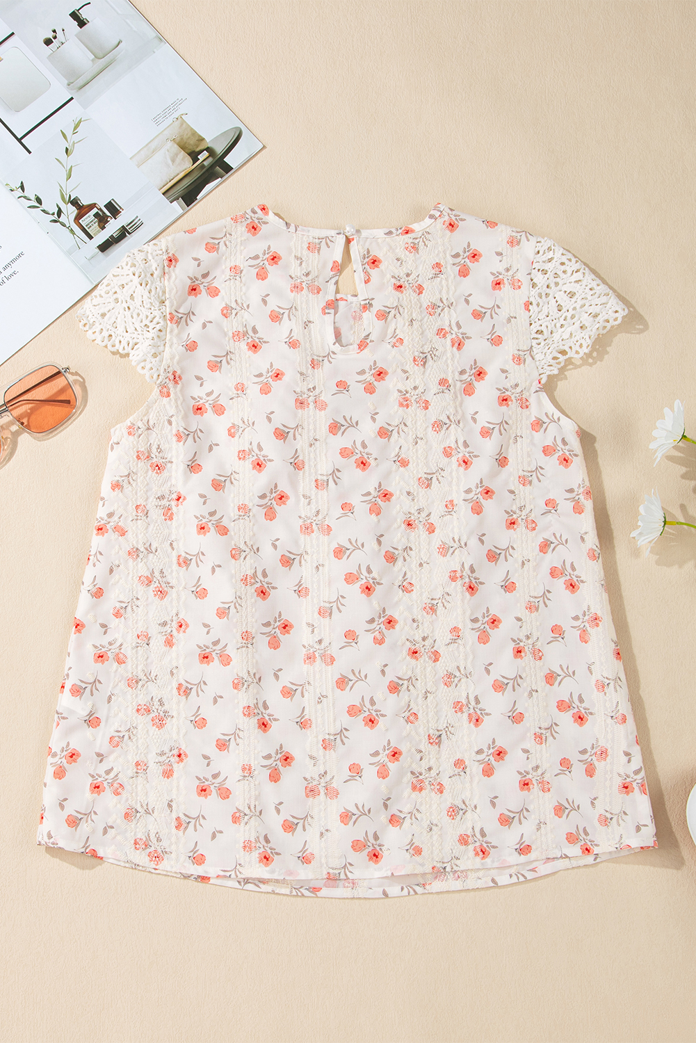 Women's Blouse, Pink Floral Print, Crochet Cap Sleeve, Embroidery Detail, Casual, Dressy, Summer Fashion, Boho Chic, Elegant Style, Daily Wear, 100% Polyester, Tops, Floral Pattern, Shift Silhouette - Detail View 8 Women's Blouse, Pink Floral Print, Crochet Cap Sleeve, Embroidery Detail, Casual, Dressy, Summer Fashion, Boho Chic, Elegant Style, Daily Wear, 100% Polyester, Tops, Floral Pattern, Shift Silhouette - Detail View 8