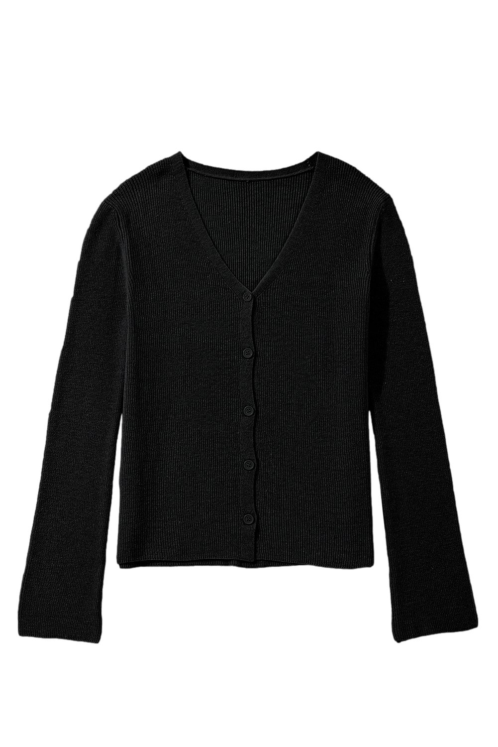 Women's Black Lightweight Ribbed Knit Button Front V Neck Cardigan for Daily Casual Wear - Detail View 17 Women's Black Lightweight Ribbed Knit Button Front V Neck Cardigan for Daily Casual Wear - Detail View 17