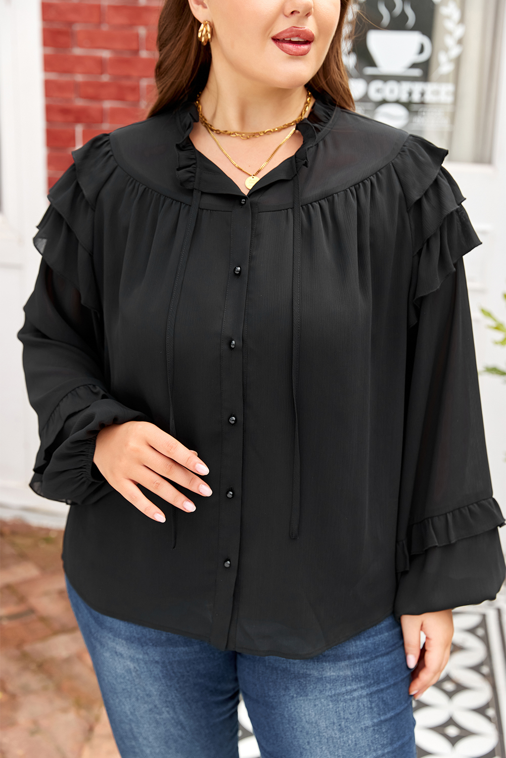 Women's Plus Size Black Sheer Shirt – Balloon Sleeve Chiffon for Fall Outings - Detail View 9 Women's Plus Size Black Sheer Shirt – Balloon Sleeve Chiffon for Fall Outings - Detail View 9
