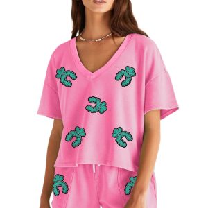 Women's Bonbon Sequin Turquoise Patched V Neck Tee & Drawstring Shorts 2-Piece Outfit - Main View