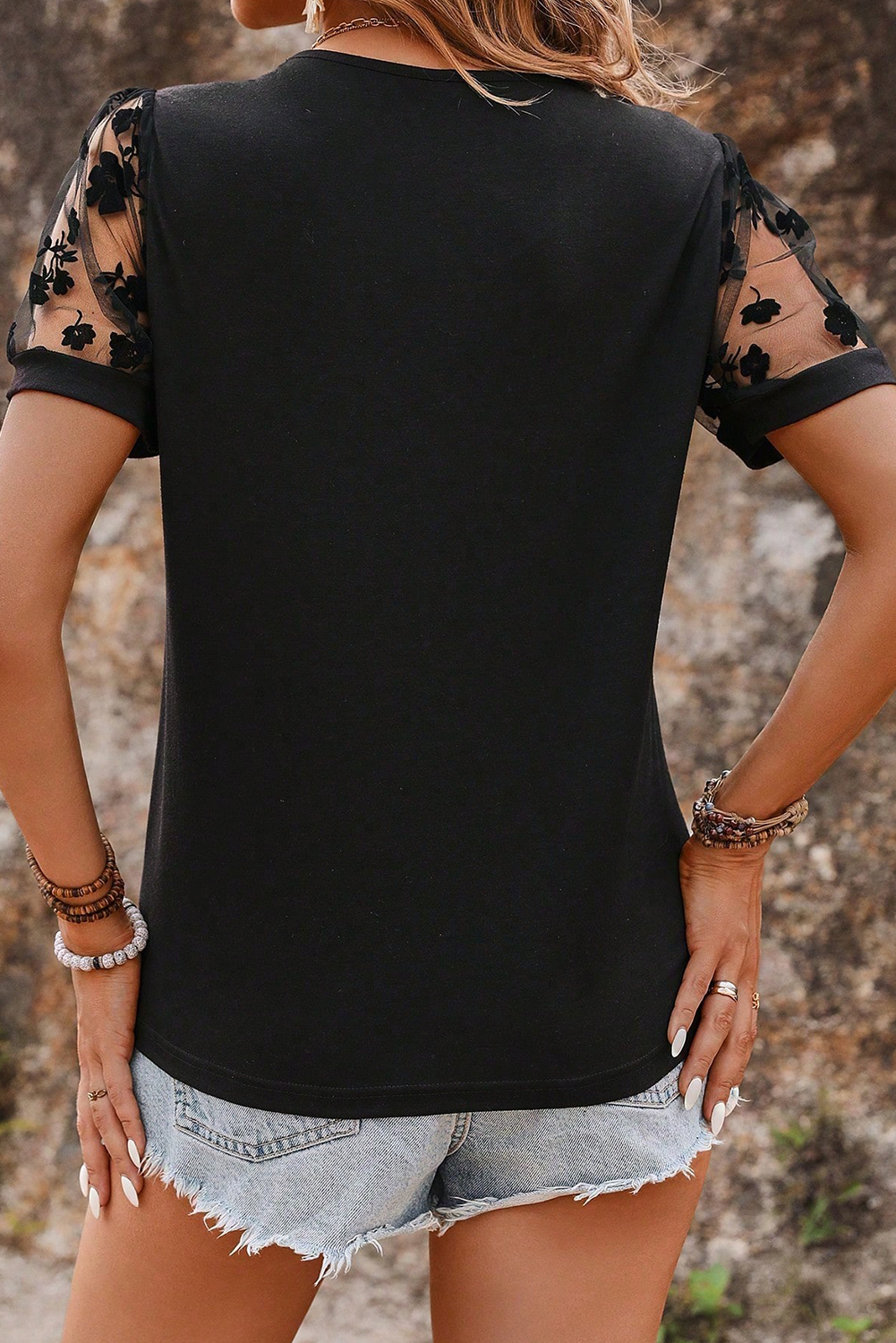 Flattering Black Crew Neck Tee - Elegant Design with Sheer Mesh Sleeves - Detail View 3 Flattering Black Crew Neck Tee - Elegant Design with Sheer Mesh Sleeves - Detail View 3