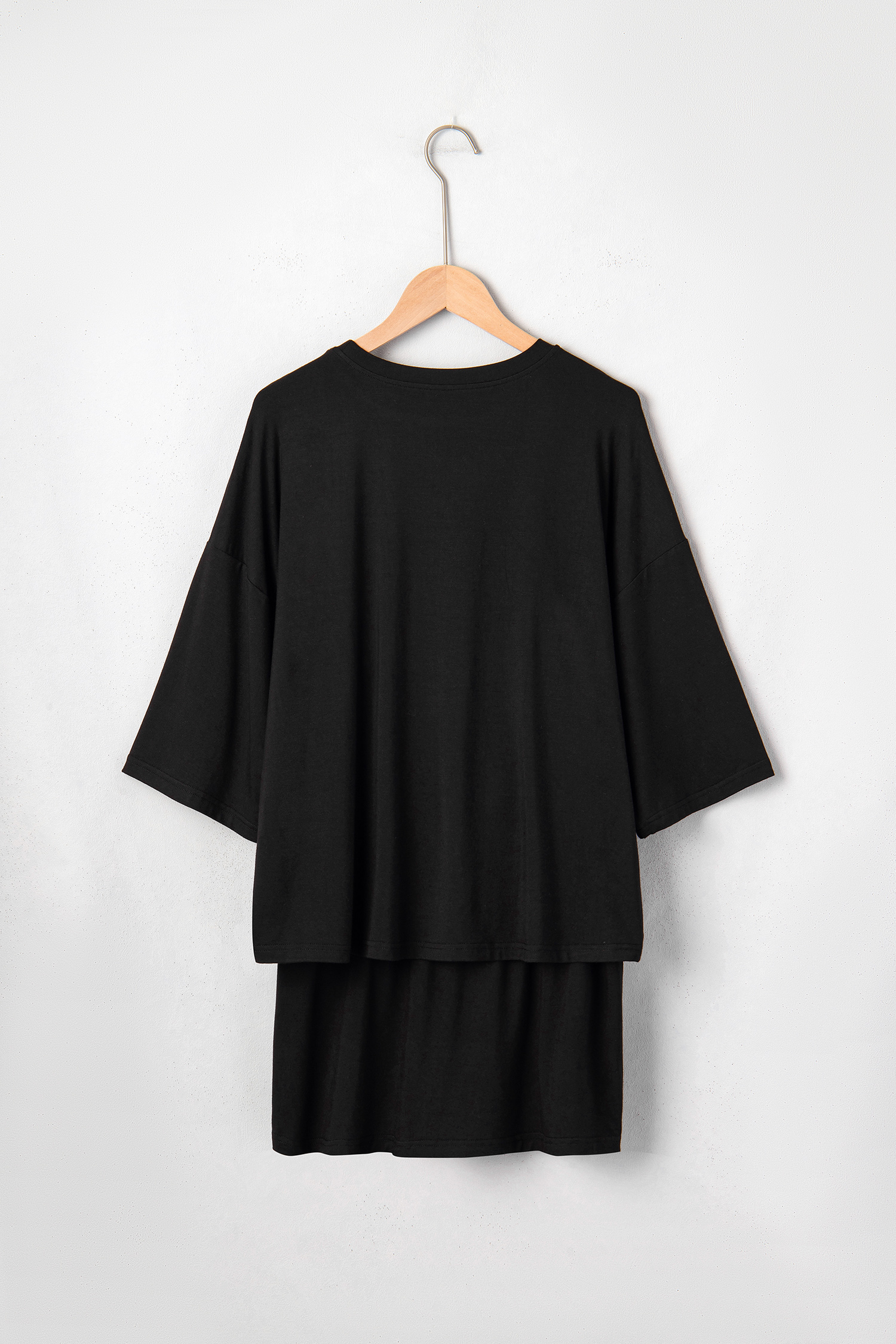 Women's Casual Office Ensemble – Solid Black Oversized T-Shirt and Mini Wrap Skort, 2-Piece Set - Detail View 5 Women's Casual Office Ensemble – Solid Black Oversized T-Shirt and Mini Wrap Skort, 2-Piece Set - Detail View 5