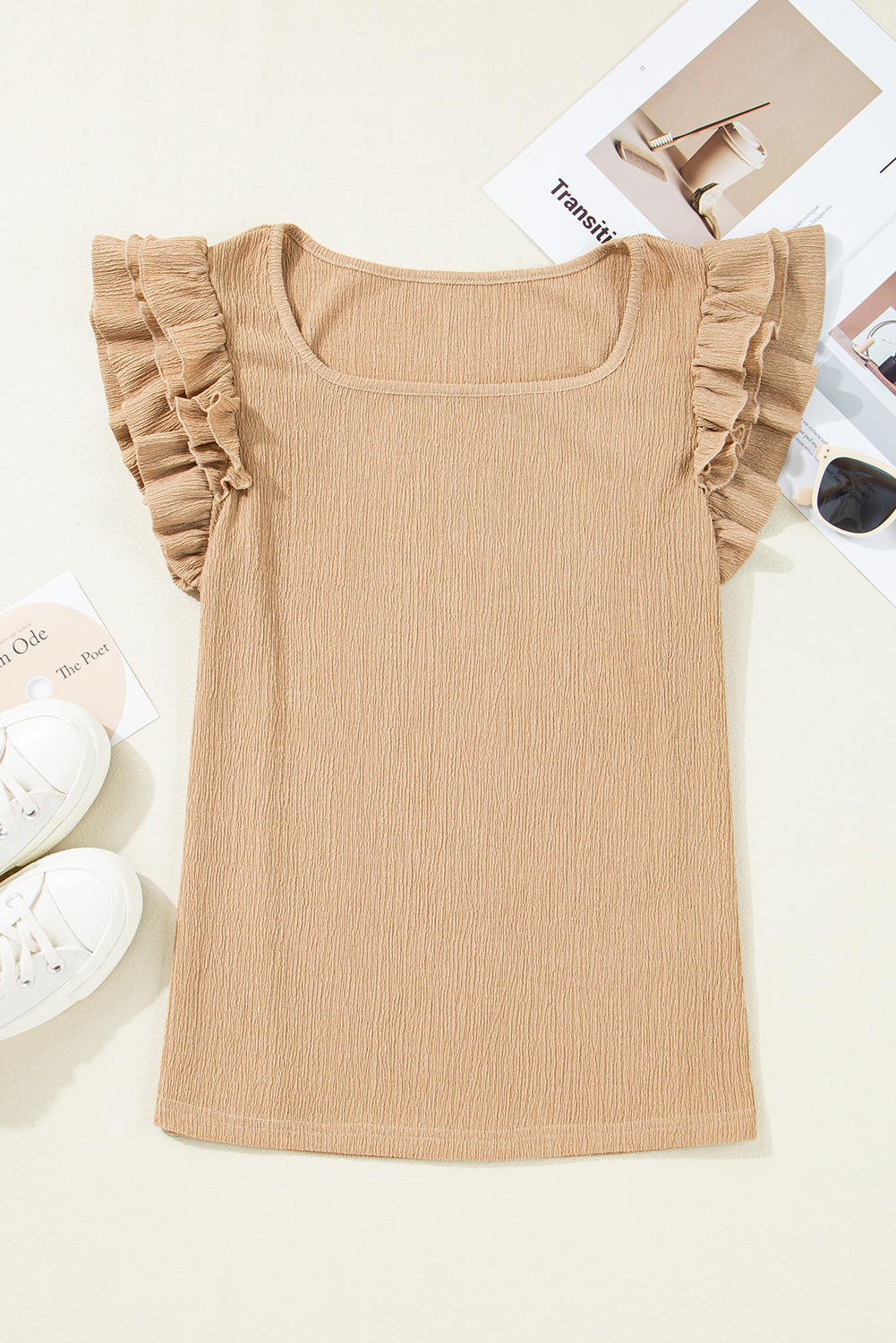 Chic and Stylish Smoke Gray Blouse with Ruffle Sleeves - Perfect for Daily Wear - Detail View 6 Chic and Stylish Smoke Gray Blouse with Ruffle Sleeves - Perfect for Daily Wear - Detail View 6