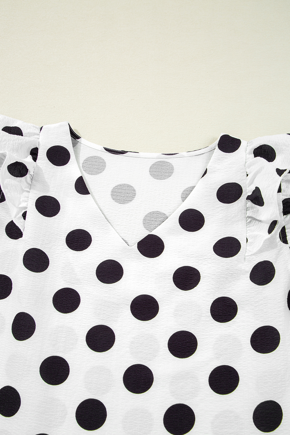 Women's White Polka Dot Print Ruffled Sleeve V Neck Blouse - Chic & Trendy - Detail View 13 Women's White Polka Dot Print Ruffled Sleeve V Neck Blouse - Chic & Trendy - Detail View 13