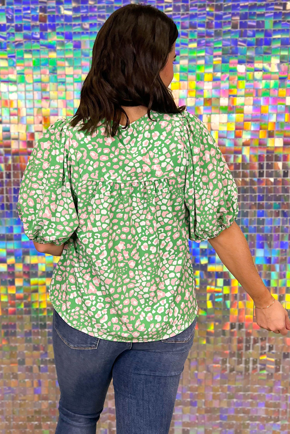 Vibrant Green Plus Size Blouse - Floral Print with Chic Puff Sleeves - Detail View 2 Vibrant Green Plus Size Blouse - Floral Print with Chic Puff Sleeves - Detail View 2