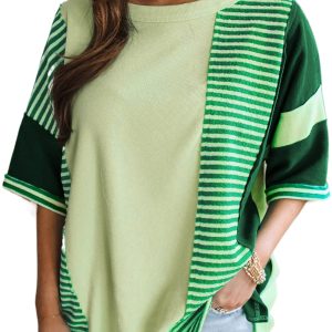 Women's Mint Green Striped Patchwork Textured Colorblock 3/4 Sleeve Knit Top - Main View